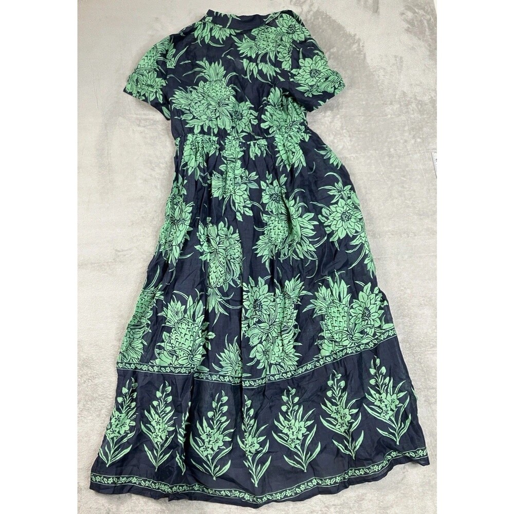 J Crew Ramie Cerise Shirt Dress Womens 12 Navy Green Pineapple Print Midi - Picture 5 of 16